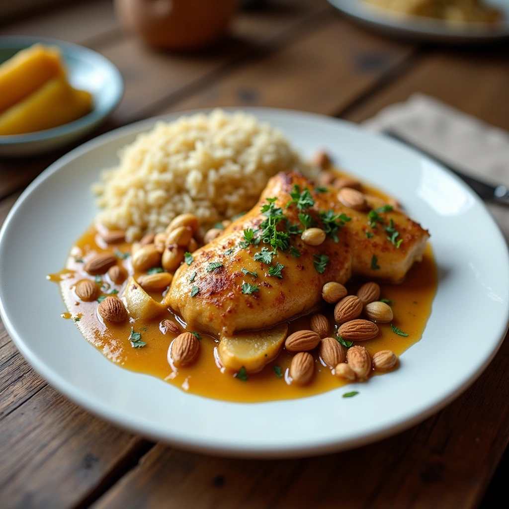 Pollo en salsa de almendras con arroz y almendras tostadas.