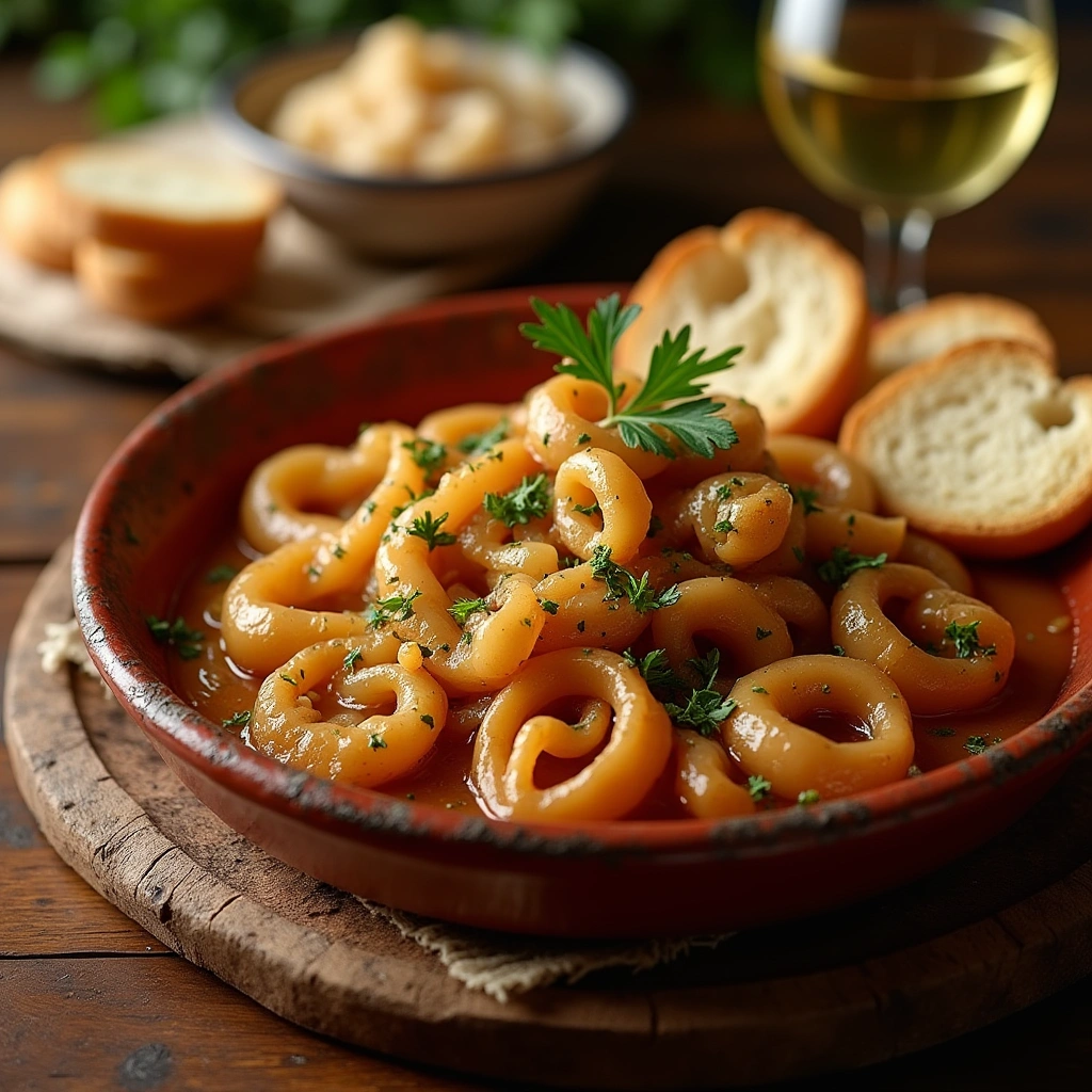 Plato de calamares encebollados con cebolla caramelizada, servido en un bol de cerámica con pan y perejil fresco.