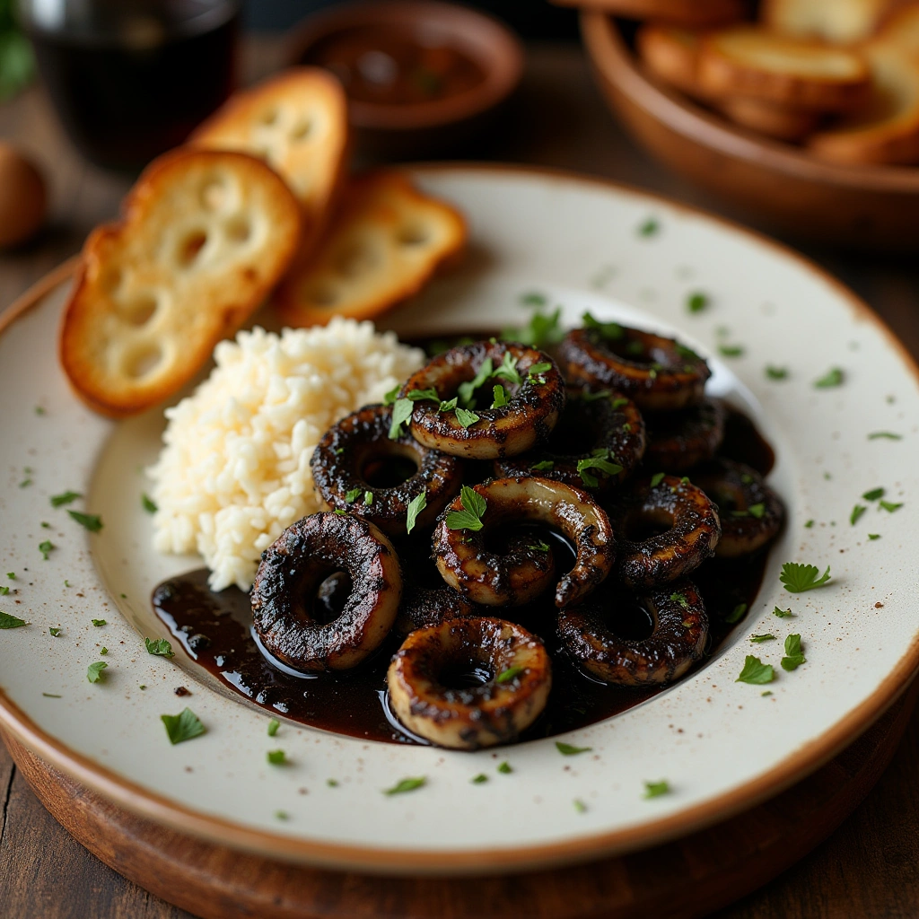 Calamares en su tinta receta de la abuela con arroz y pan crujiente.