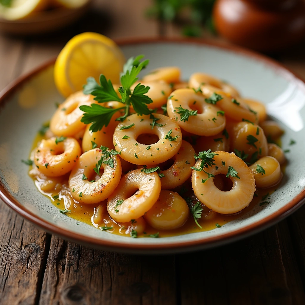 Plato de calamares encebollados con patatas, cebolla caramelizada, patatas doradas, y garnitura de perejil fresco y rodaja de limón.