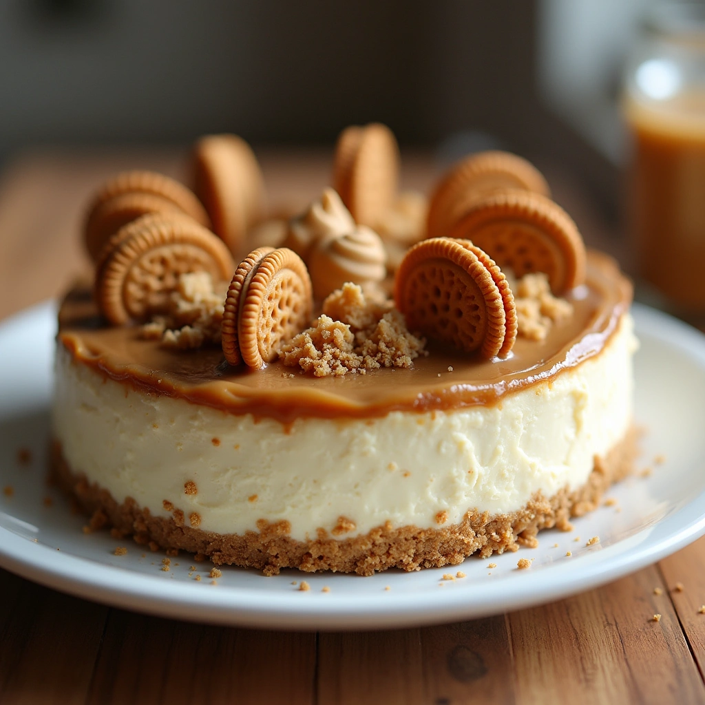 Tarta de queso Lotus con base de galletas Biscoff y cobertura de crema Lotus, decorada con galletas enteras y trozos espolvoreados.