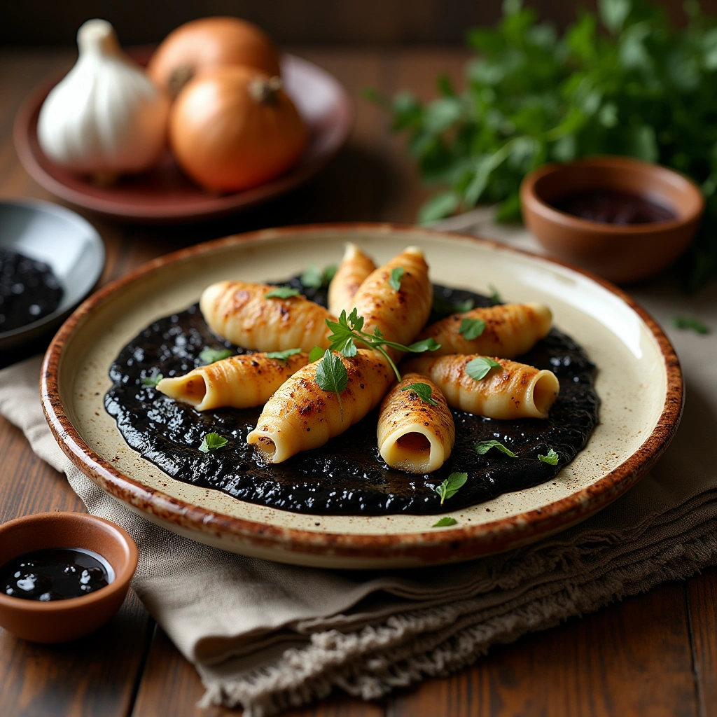 Plato de calamares rellenos en su tinta con salsa oscura y verduras frescas