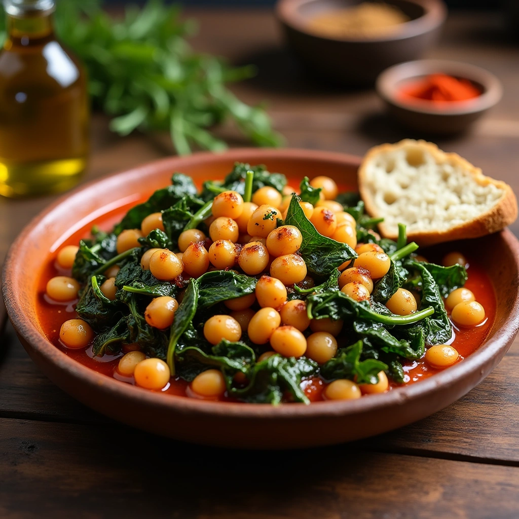 Plato de espinacas con garbanzos en un cuenco rústico con pan al lado, servido sobre una mesa de madera.