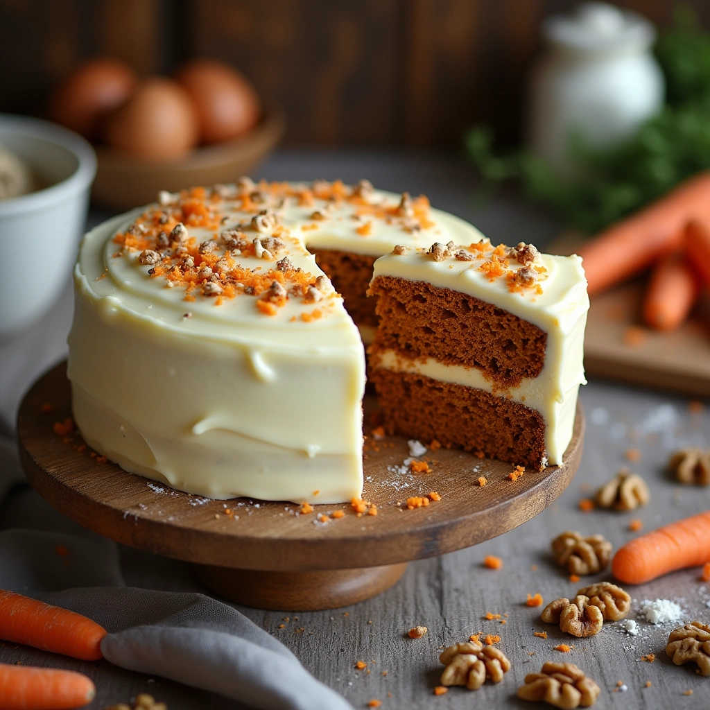 Carrot cake decorado con glaseado de crema de queso y nueces, servido en un ambiente acogedor de cocina.