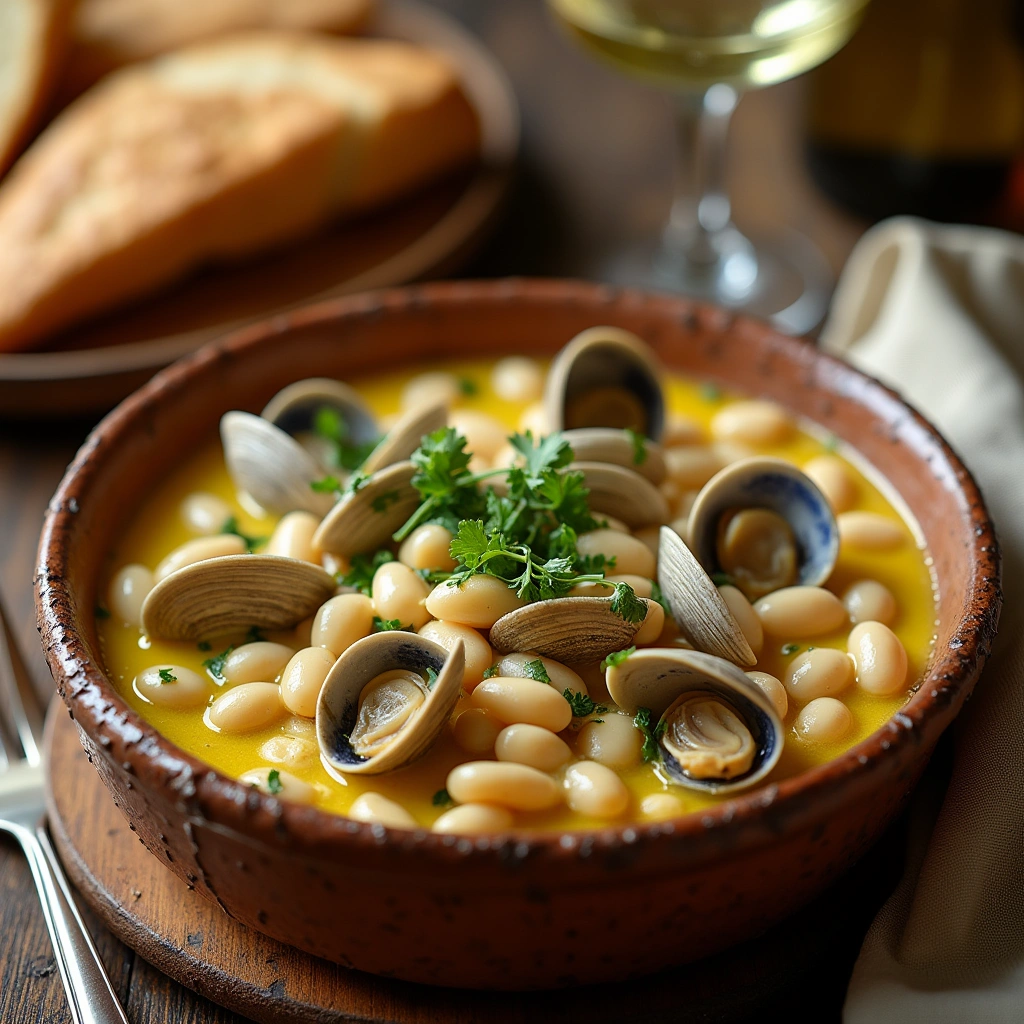 Plato tradicional de alubias blancas con almejas, servido con pan rústico y vino blanco.