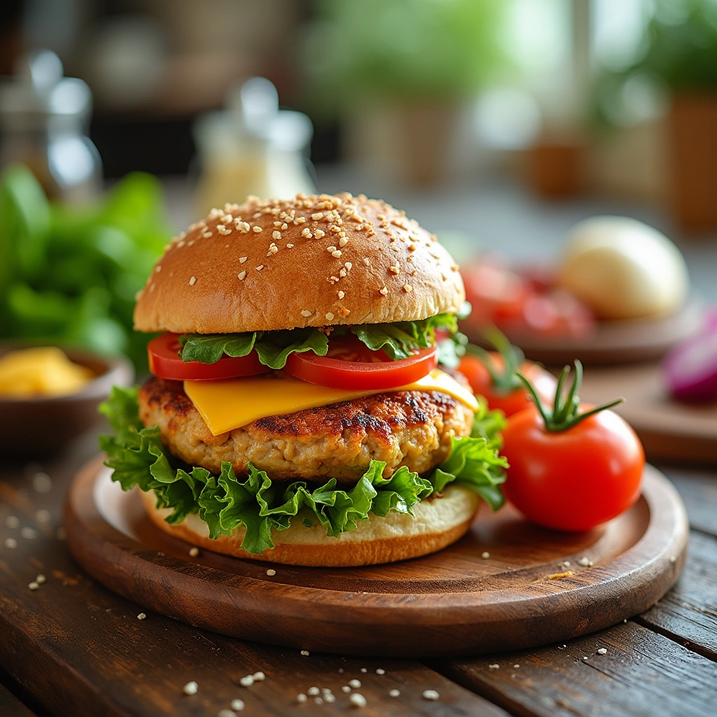 Hamburguesa de pollo casera con vegetales frescos y pan tostado en una bandeja de madera