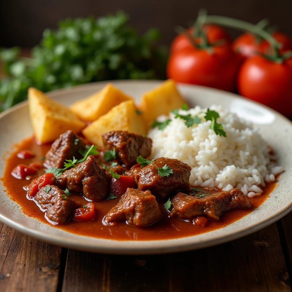 Plato de carne con tomate y cebolla servido con arroz y papas fritas.