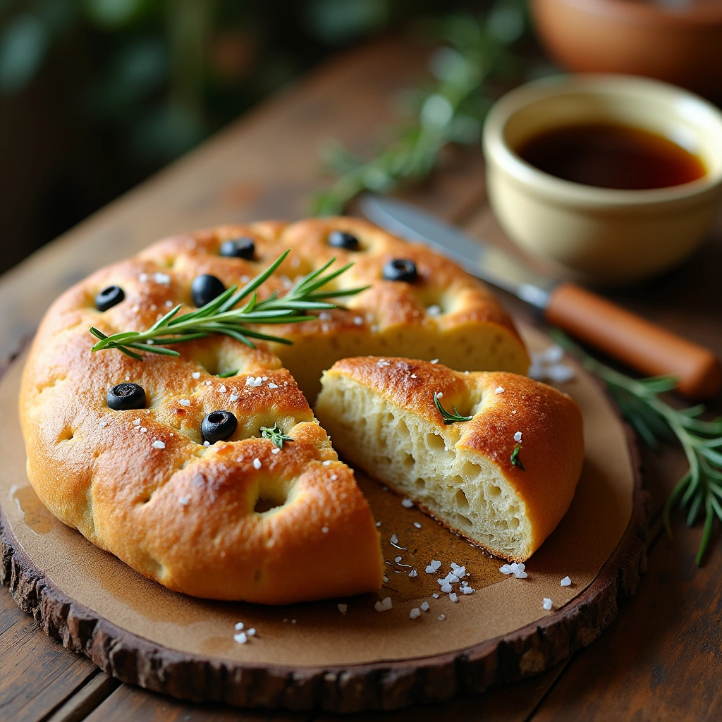 Focaccia casera recién horneada con romero, aceitunas y sal marina, servida en una mesa rústica.