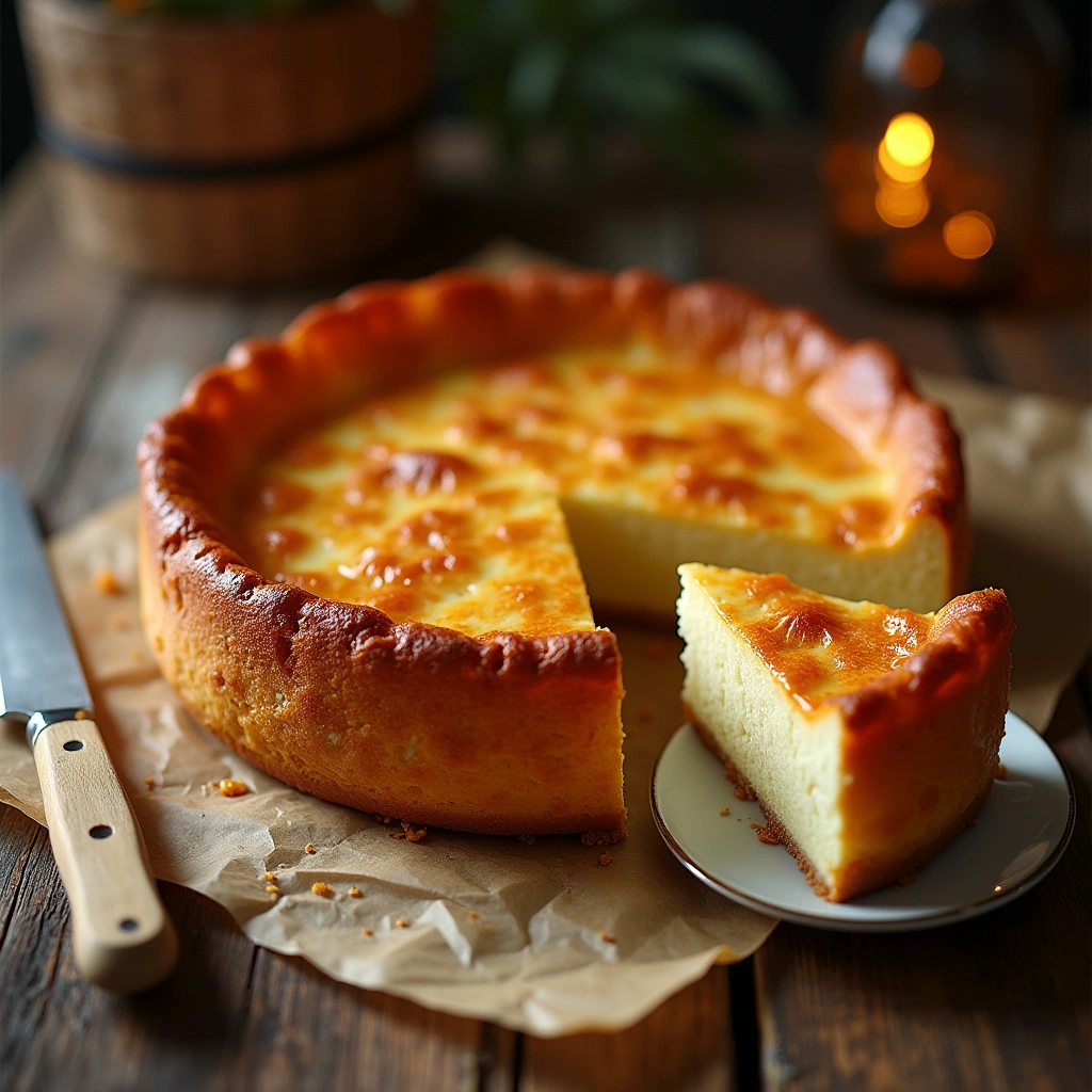 Tarta de Queso La Viña Cremosa recién horneada con superficie dorada y textura suave.