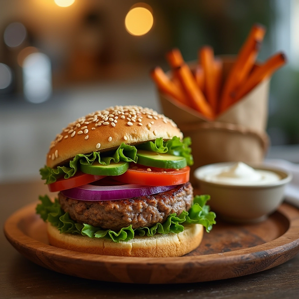 Hamburguesa casera saludable con pan integral, carne magra, lechuga, tomate y aguacate, servida con papas al horno.