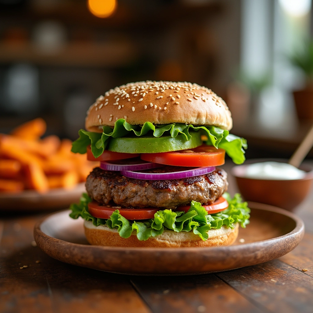 Hamburguesa casera saludable con pan integral, lechuga fresca, tomate, cebolla y aguacate, acompañada de papas al horno.