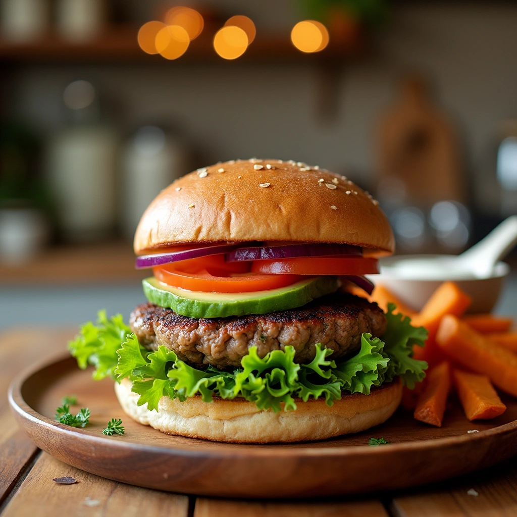 Hamburguesa casera saludable con pan integral, carne magra, lechuga, tomate y aderezos naturales, servida en un plato rústico.