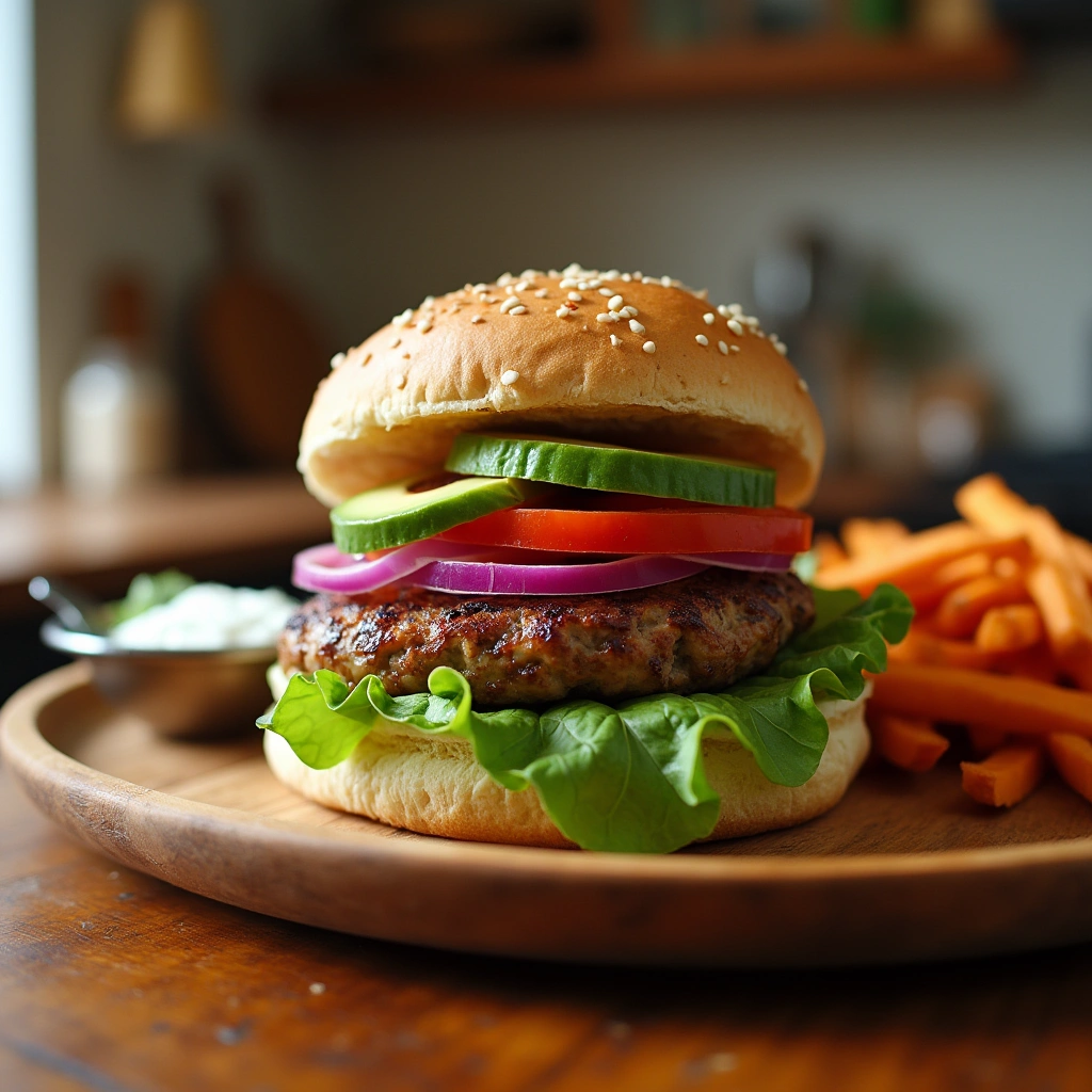 Hamburguesa casera saludable con pan integral, carne magra, lechuga, tomate y aguacate, servida con papas al horno en un plato rústico.