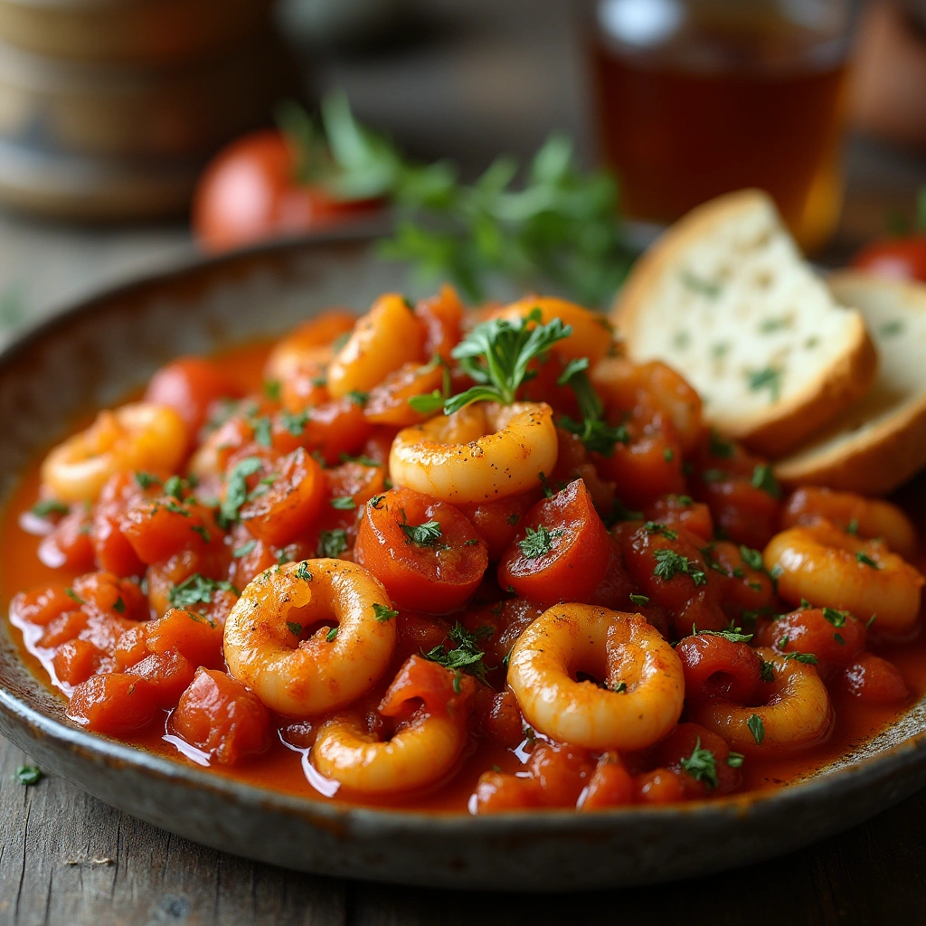 Plato de calamares encebollados con tomate, acompañado de cebollas caramelizadas, tomates frescos y hierbas aromáticas.
