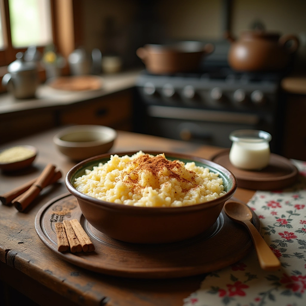 Arroz con leche tradicional servido en un tazón de cerámica, decorado con canela y acompañado de utensilios de cocina antiguos en un ambiente cálido y hogareño.