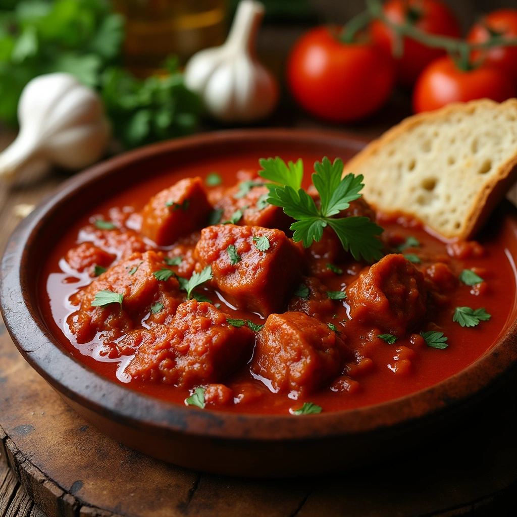 Plato casero de carne con tomate servido en un plato de barro con pan al lado.