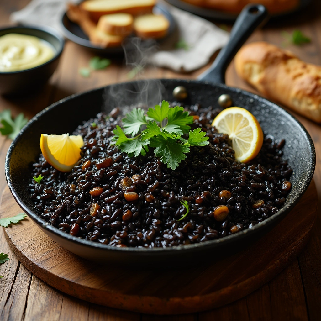 Plato de arroz negro en Thermomix servido en una paellera con limón y alioli.