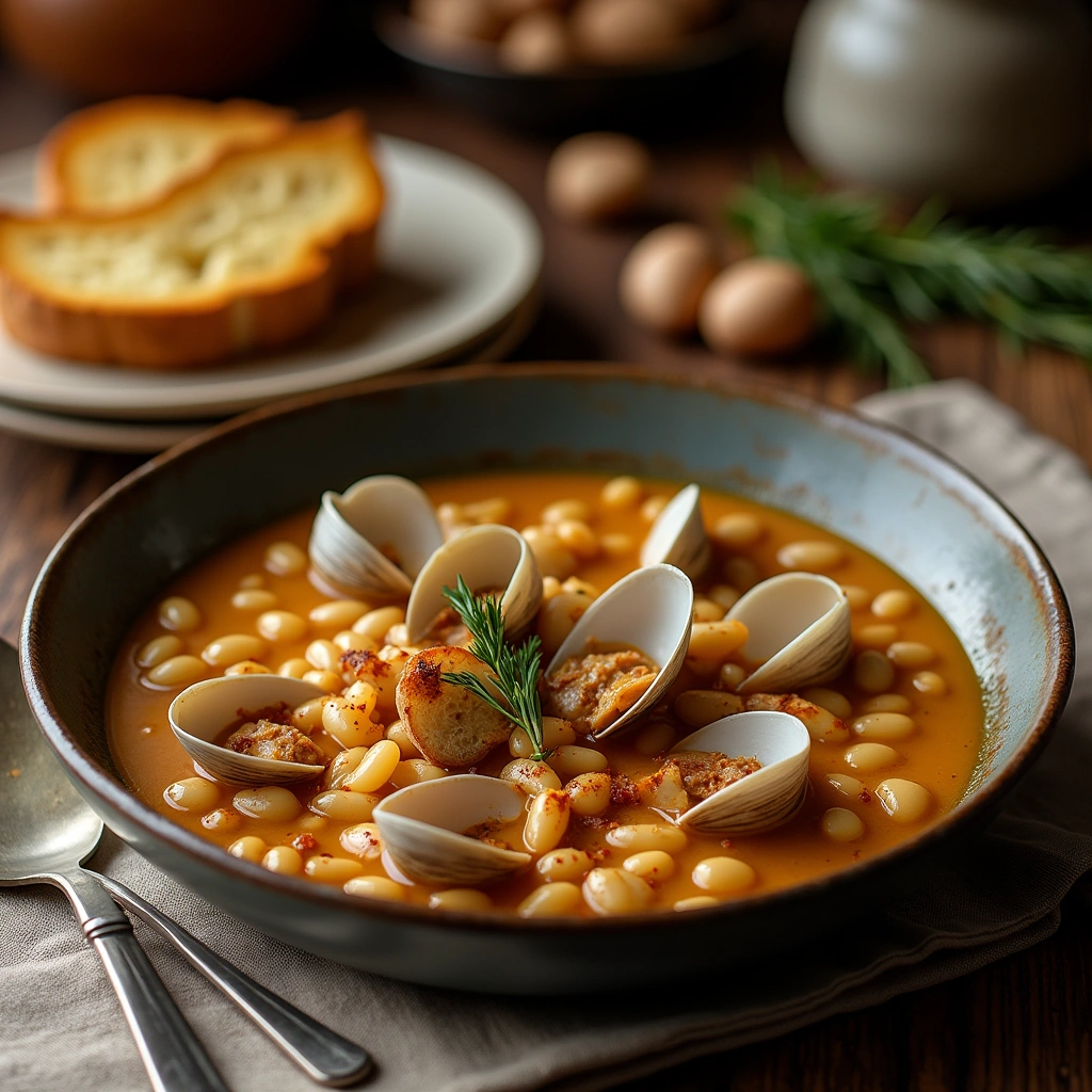 Plato tradicional de fabes con almejas, un guiso asturiano con frijoles y almejas frescas en un caldo sabroso.