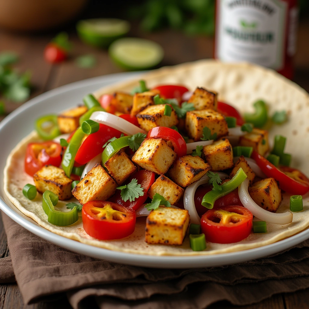 Fajitas de tofu y verduras servidas en tortillas, con pimientos y cebollas coloridas, una opción vegana y saludable.