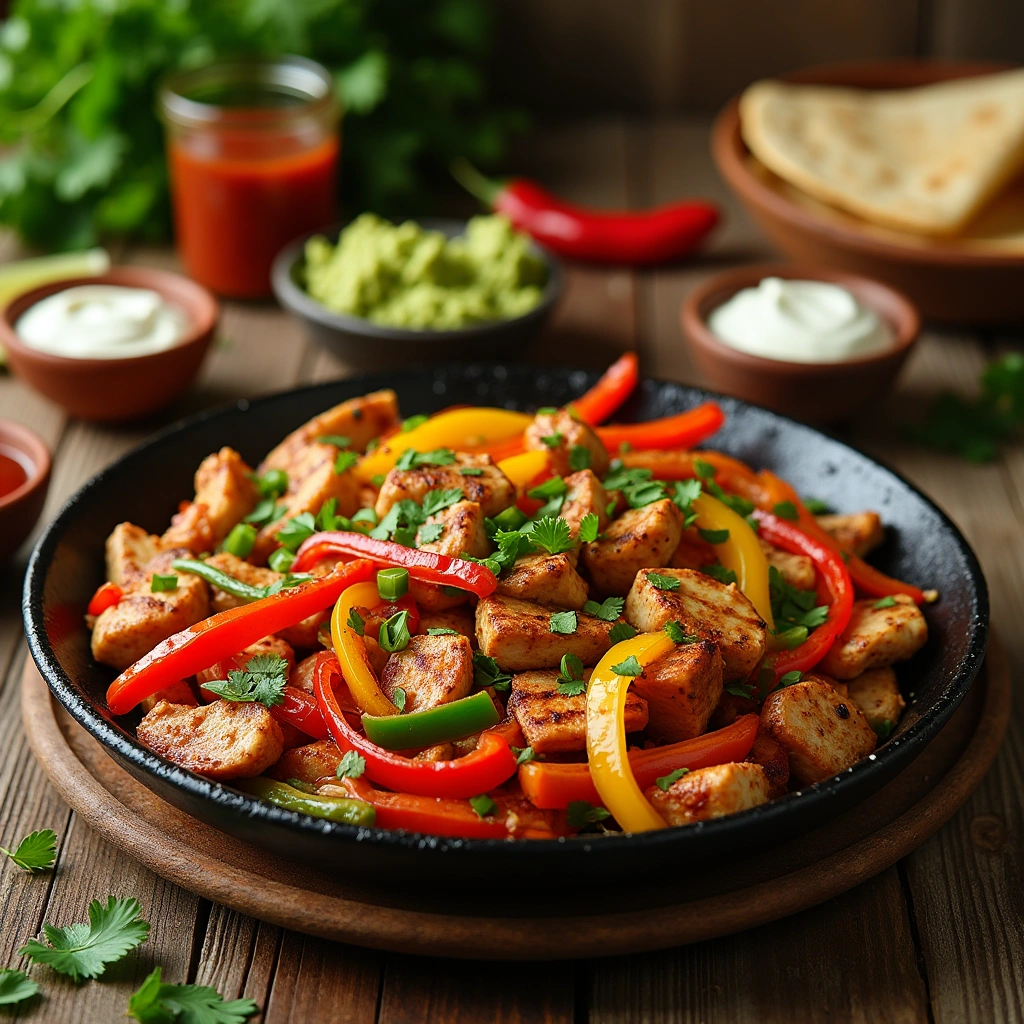 Fajitas de pollo mexicanas con pollo, pimientos y cebolla servidas con tortillas, guacamole, y salsa.