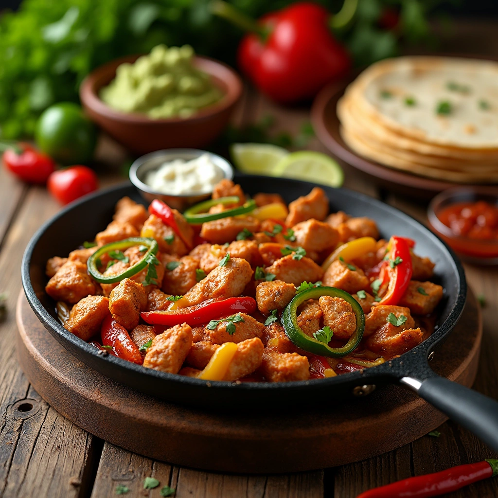 Fajitas de pollo mexicanas con pollo tierno, verduras frescas y tortillas acompañadas de guacamole y salsa.