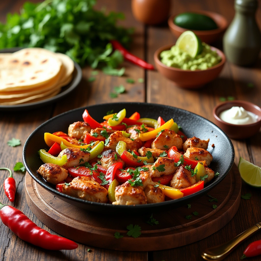 Fajitas de pollo mexicanas con pollo tierno, verduras frescas y tortillas acompañadas de guacamole y salsa.