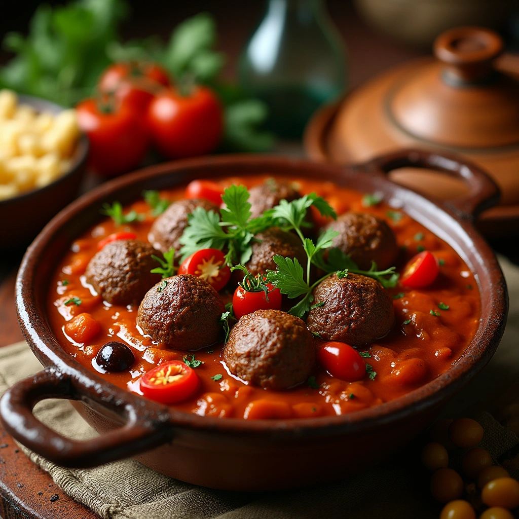 Tajine de Kefta con albóndigas jugosas, salsa de tomate y aceitunas en una olla tajine tradicional marroquí.