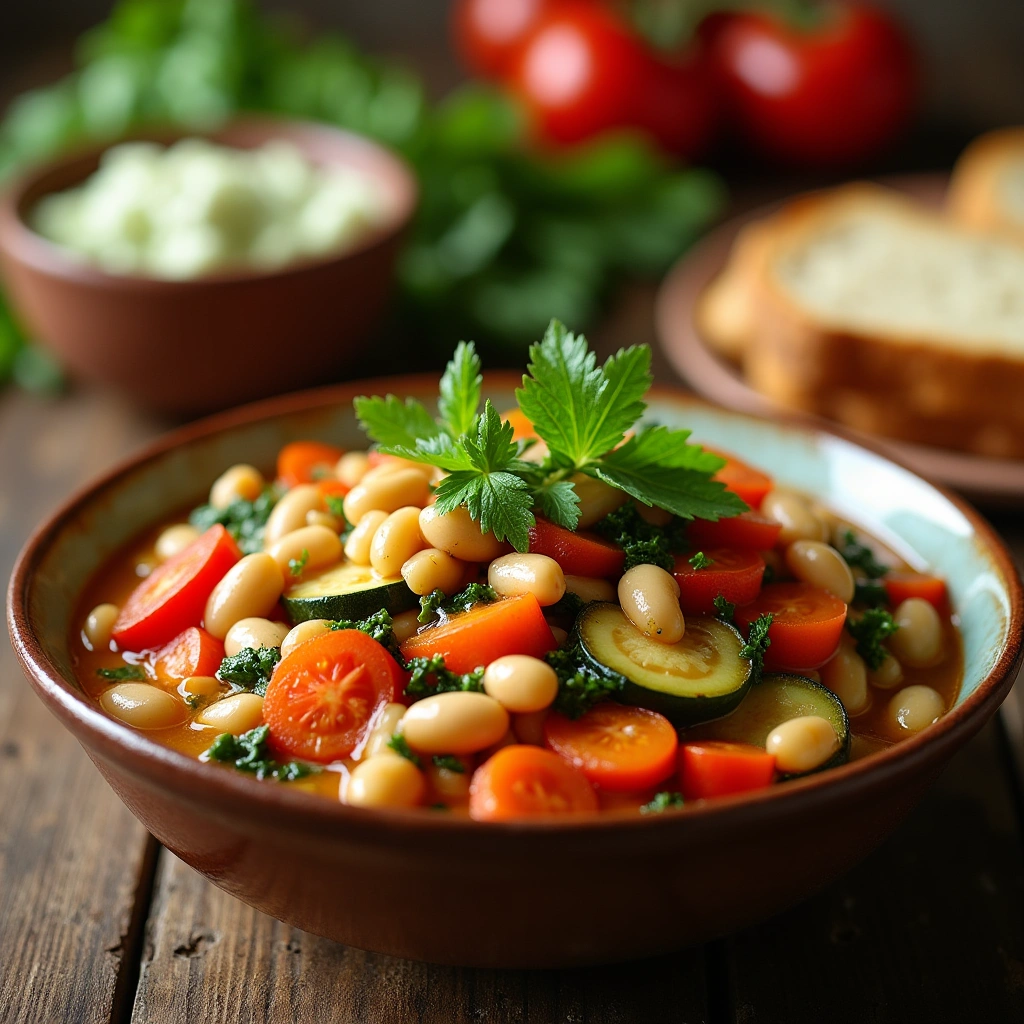 Plato saludable de alubias con verduras, incluyendo zanahorias, calabacín, pimientos, tomates y espinacas, servido en un bol rústico con pan crujiente al lado."
