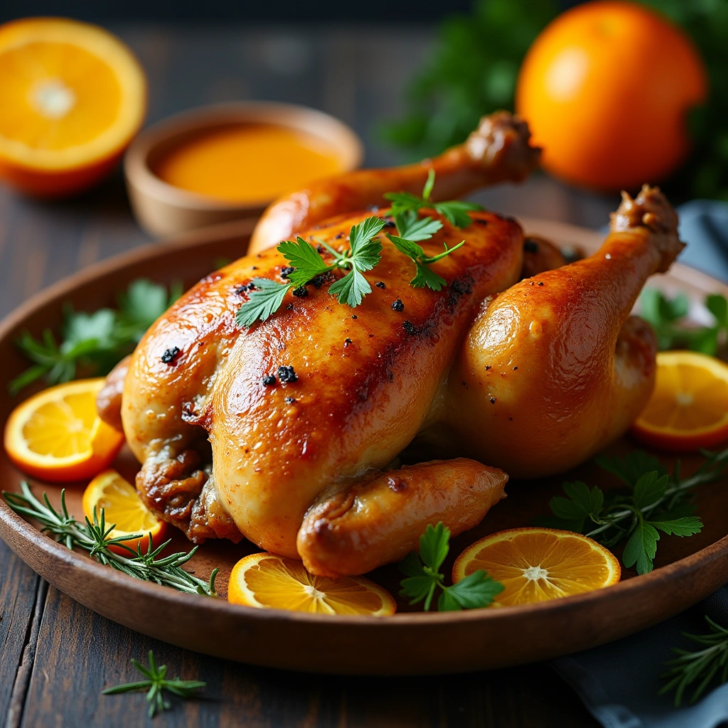 Pollo a la naranja al horno con glaseado dorado y rodajas de naranja fresco, servido con hierbas aromáticas.