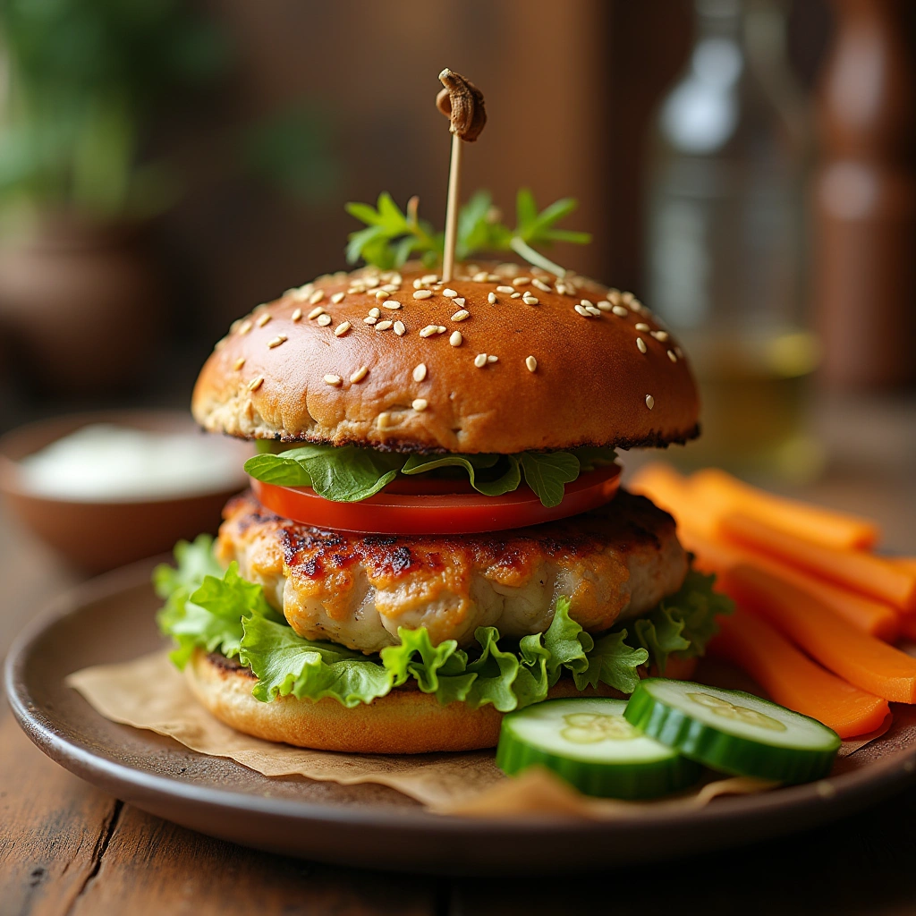 Hamburguesa con pechuga de pollo, ensalada fresca y salsa ligera.