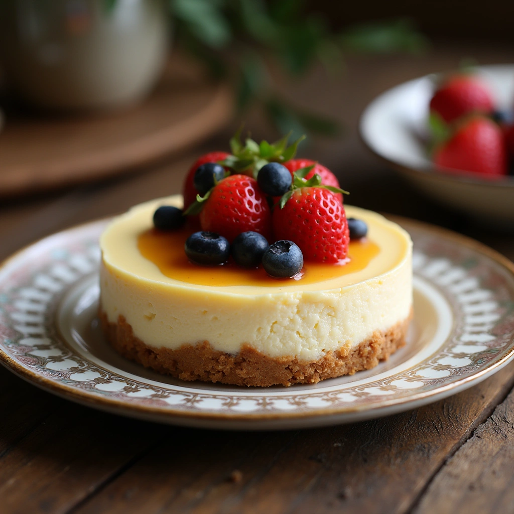 Tarta de queso con Philadelphia rica y cremosa decorada con fresas y arándanos sobre una base de galletas.