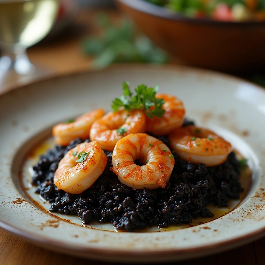 Plato de arroz negro con calamares y gambas, servido con una guarnición de hierbas frescas y aceite de oliva.