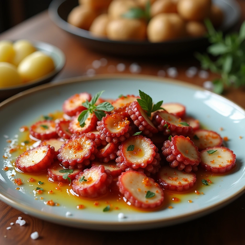 Plato de Pulpo a la Gallega con papas, pimentón y aceite de oliva, servido en una mesa rústica con un vaso de vino blanco.