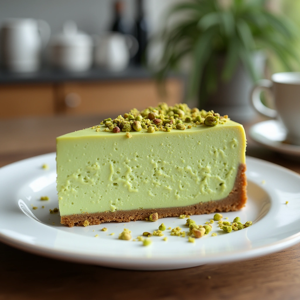 Tarta de queso de pistacho al horno decorada con pistachos triturados.