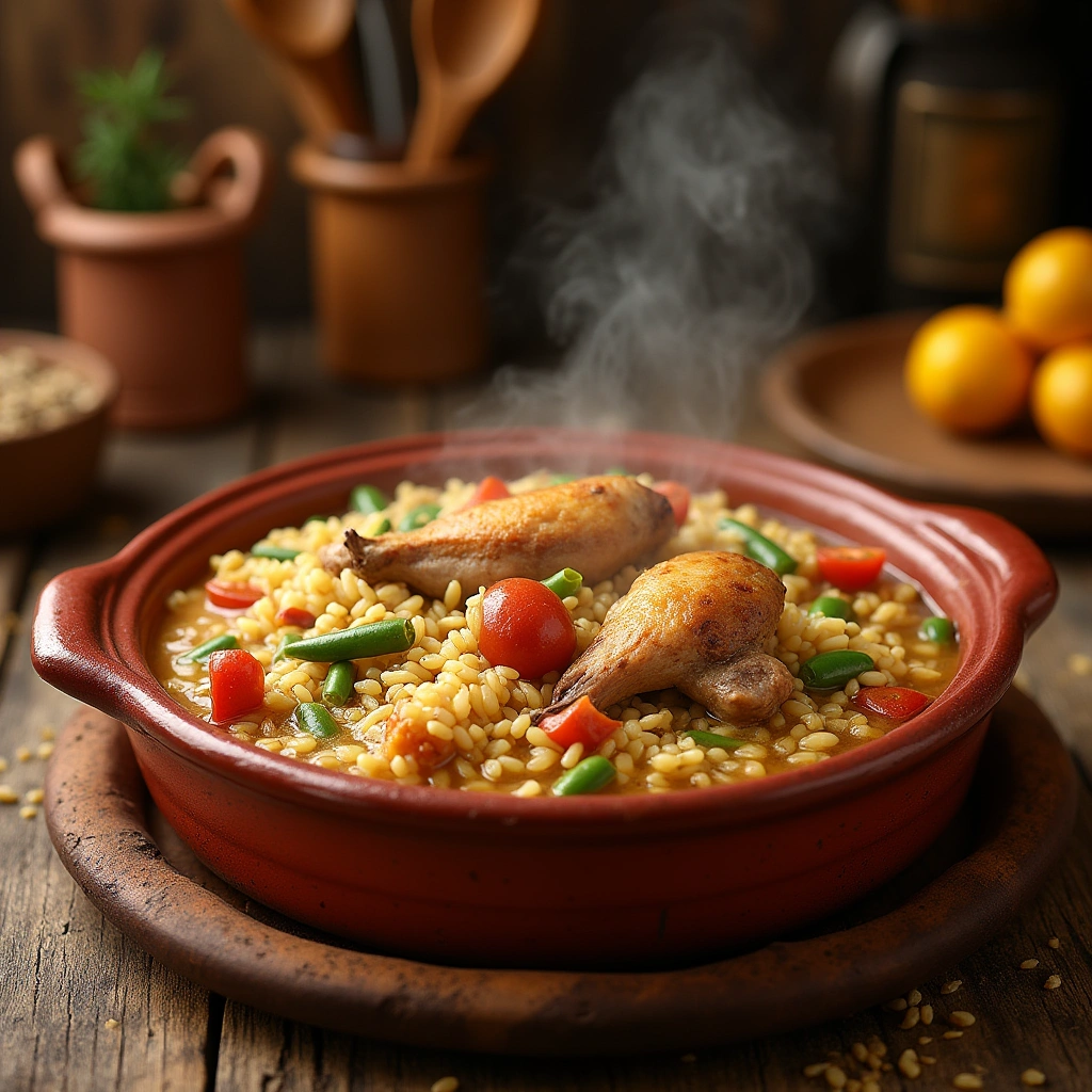 Arroz caldoso con conejo servido en un plato tradicional español con verduras y caldo.