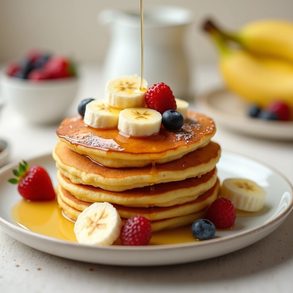 Panquecas con banana esponjosas, cubiertas con rodajas de banana y miel, perfectas para un desayuno saludable.