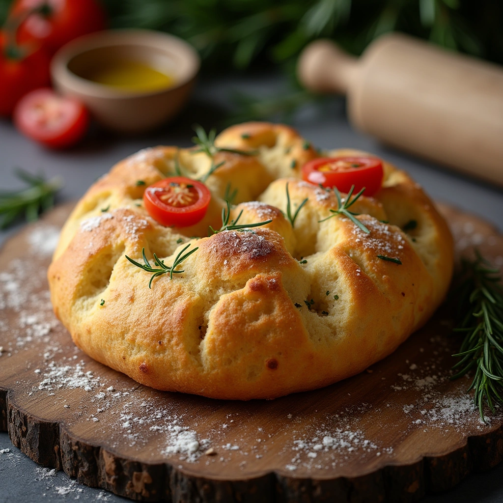 Focaccia con masa madre, dorada por fuera y esponjosa por dentro, con romero y tomates frescos, lista para disfrutar.