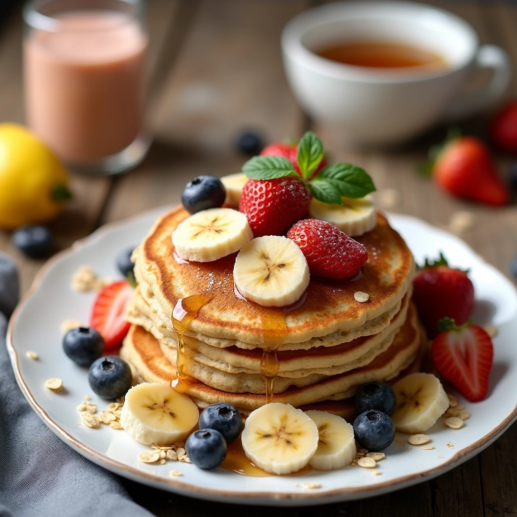Panquecas de avena saludables con frutas frescas y miel, servidas en un plato blanco.