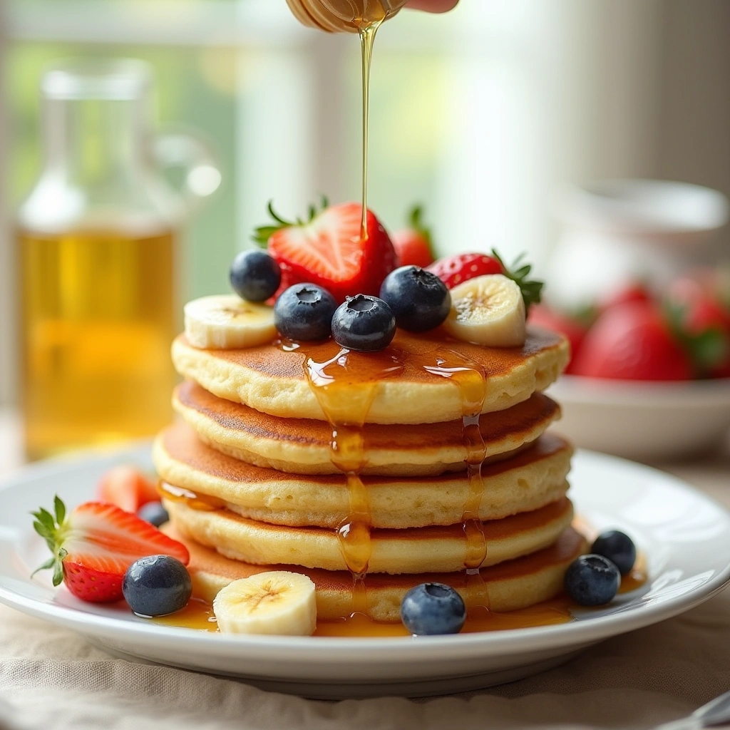 Panquecas saludables servidas en un plato, acompañadas de frutas frescas y miel, ideales para un desayuno nutritivo.