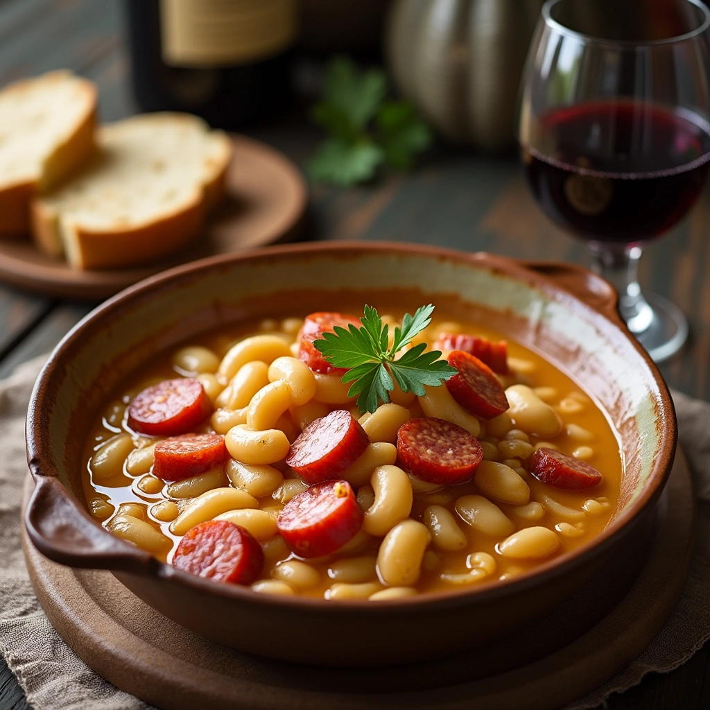 Alubias blancas con chorizo servidas en un bol rústico, acompañadas de pan y vino tinto.