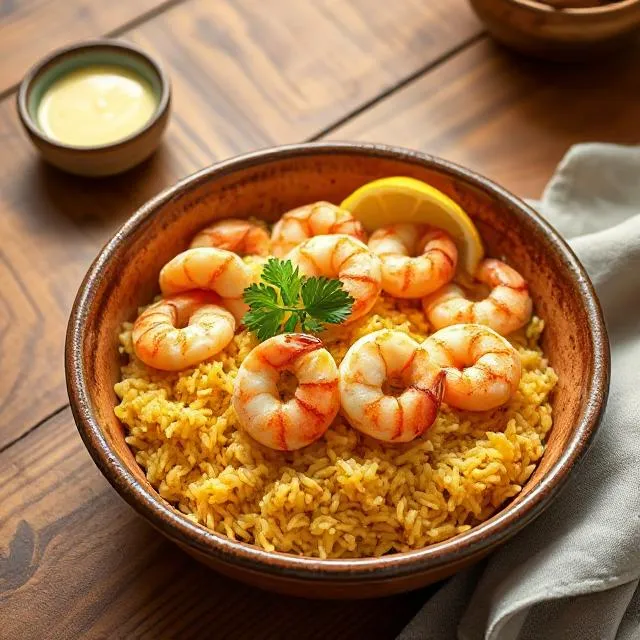Plato de arroz con gambas servido en un cuenco de cerámica, con arroz dorado, gambas frescas y decorado con perejil picado y limón.