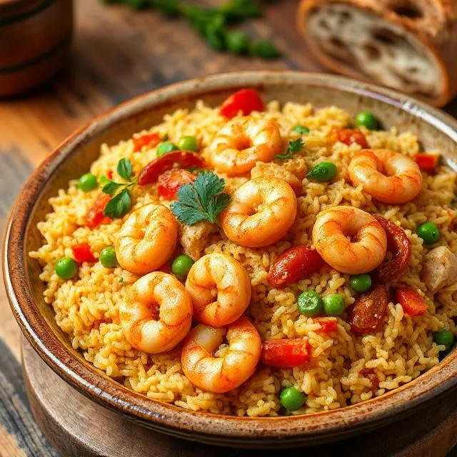 Plato tradicional de arroz con gambas y pollo con verduras coloridas, servido en un cuenco rústico.
