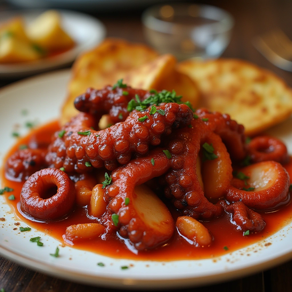 Pulpo en salsa de tomate con pimentón, servido en un plato mediterráneo con hierbas frescas