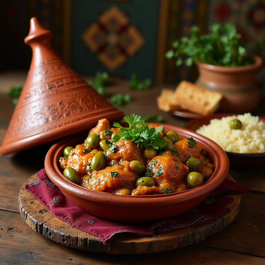 Tajine de Pollo tradicional marroquí cocinado con especias y verduras frescas.