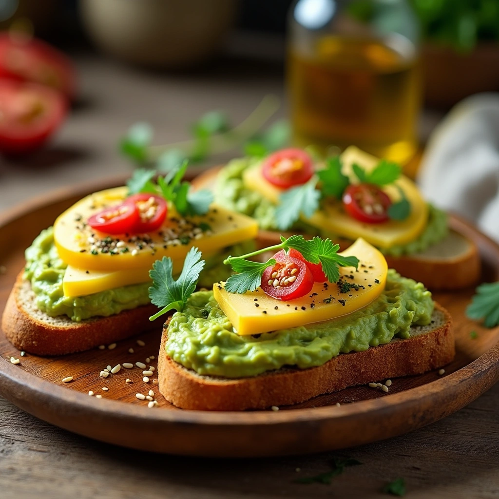 Tostadas de aguacate y queso con tomate, cilantro y aceite de oliva sobre un plato de madera.