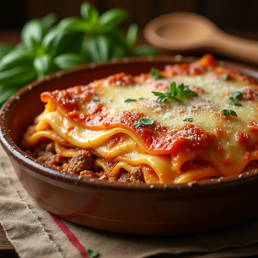 Lasaña de carne con bechamel recién horneada, con capas de carne molida, salsa bechamel cremosa y queso derretido.