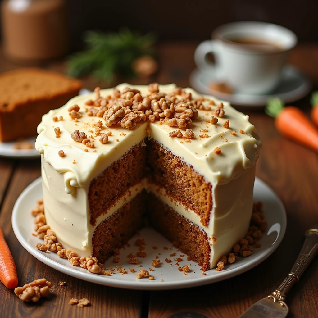 Pastel de zanahoria casero con frosting de queso crema y nueces decoradas