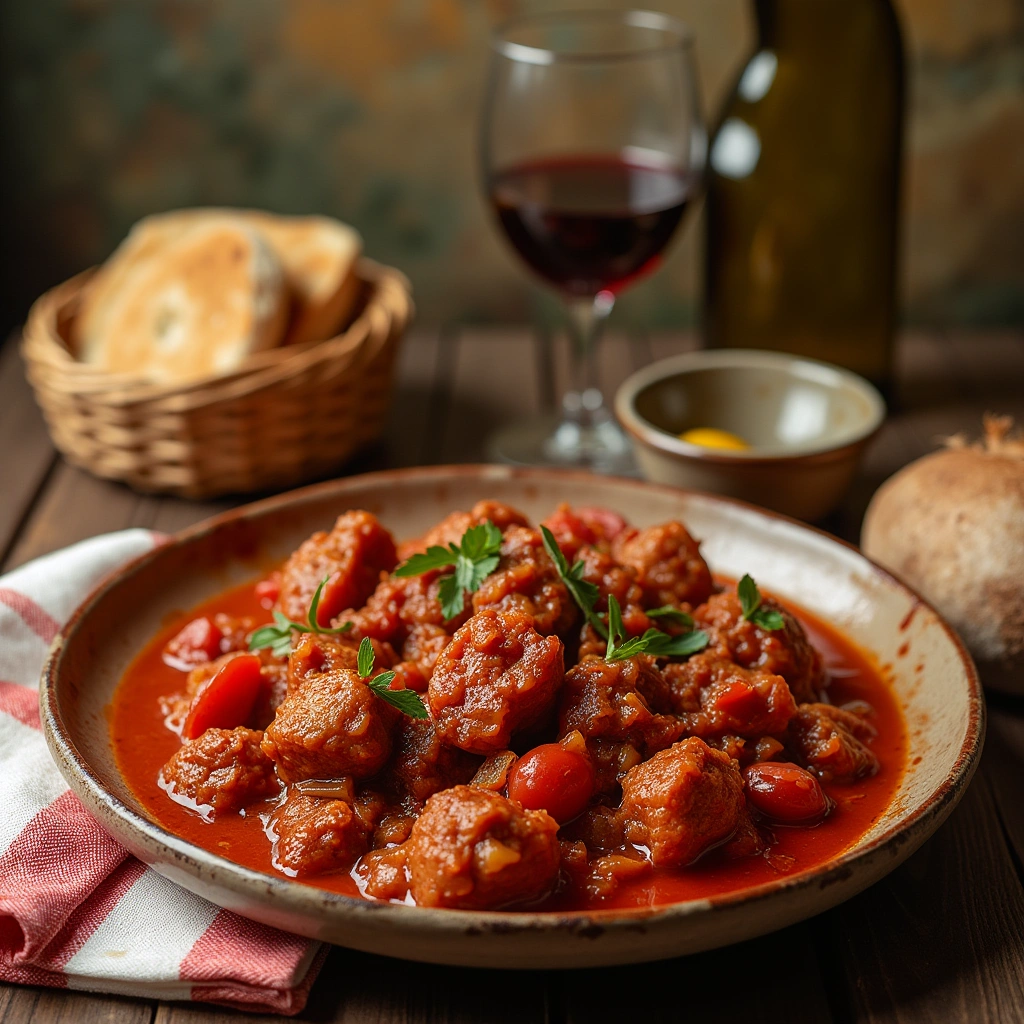 Carne con Tomate Andaluza: Plato tradicional con carne, tomate y especias, servido con pan y vino.