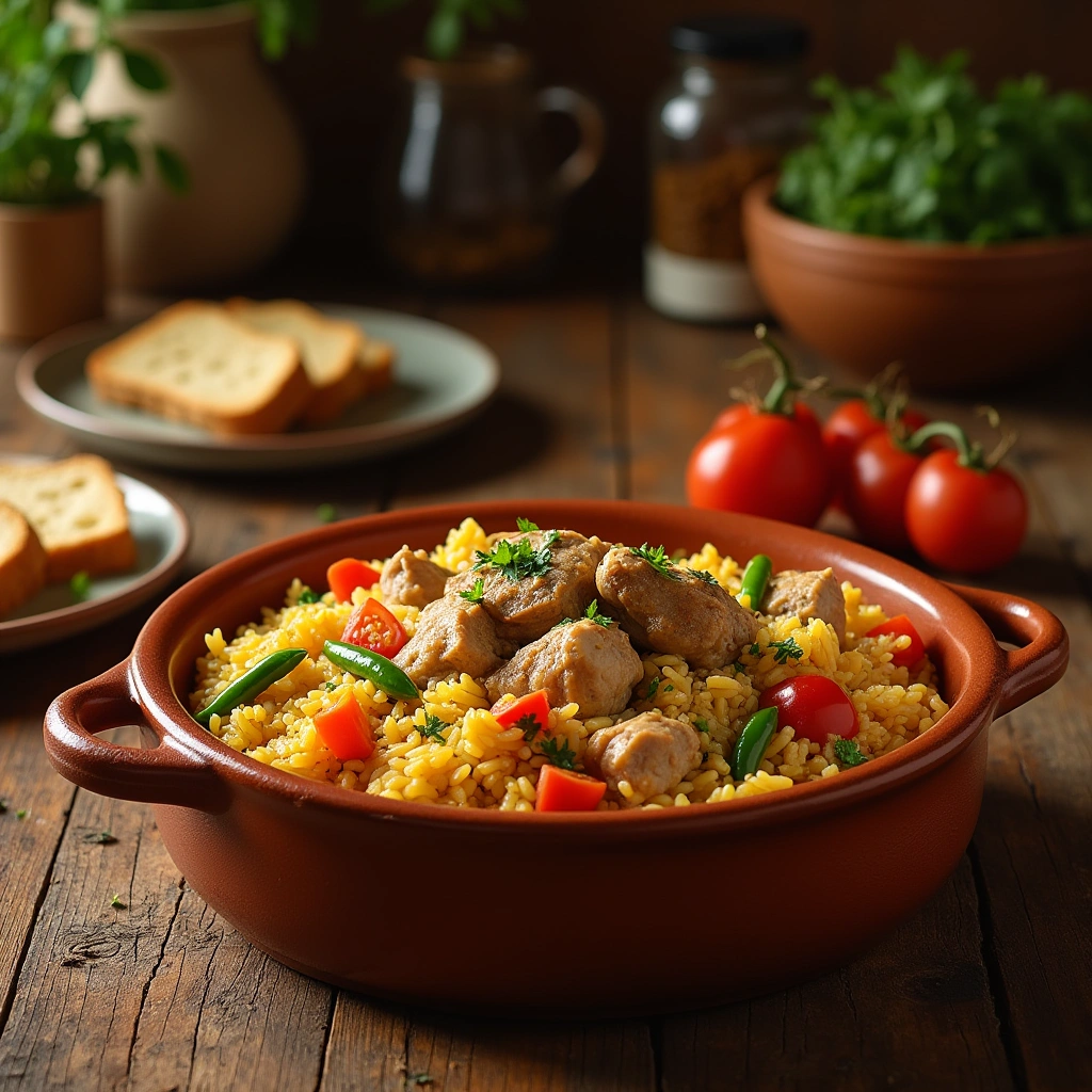 Arroz con conejo servido en cazuela de barro, con verduras frescas y trozos de conejo jugoso, en un ambiente tradicional y acogedor