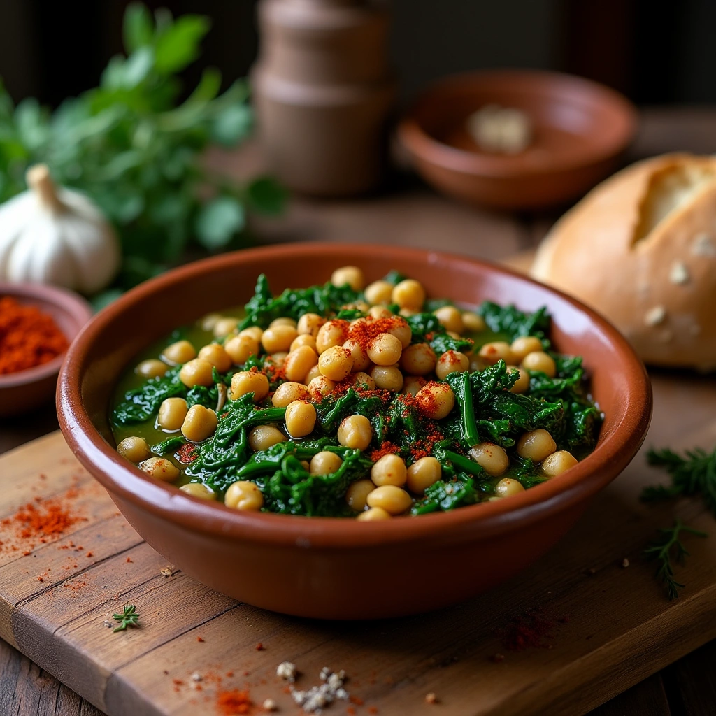 Espinacas con garbanzos a la sevillana, plato tradicional andaluz servido en un cuenco rústico